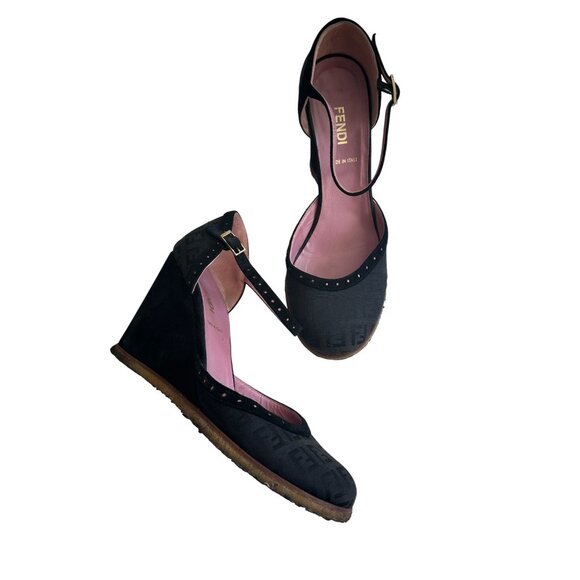 FENDI Black Vintage Logo Sandals Wedges Size 38 - Picture 7 of 14